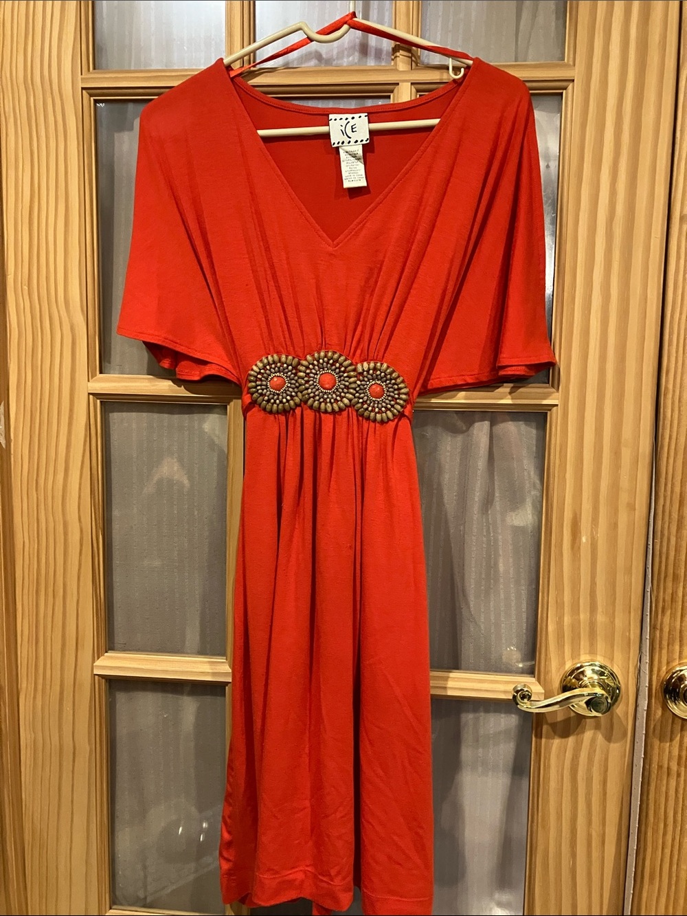 ICE  brand  orange V-Neck Midi Dress with Decorative Waist Accents